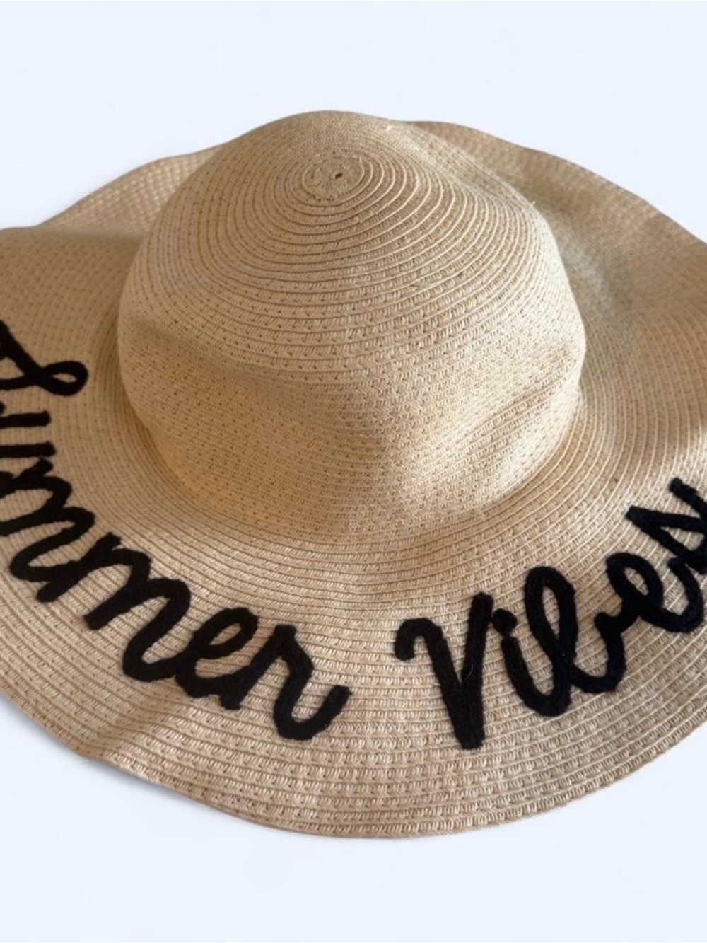 Wide Brim Straw Sun Hat with Black Script Summer Vibes